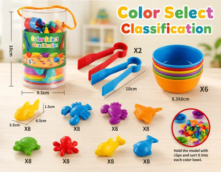 Color Select Classification Ocean Animals Sorting Toy Set with Tongs & Bowls