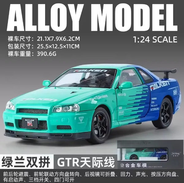 1:24 Scale Nissan Skyline GT-R R34 Diecast Model Car with Light & Sound