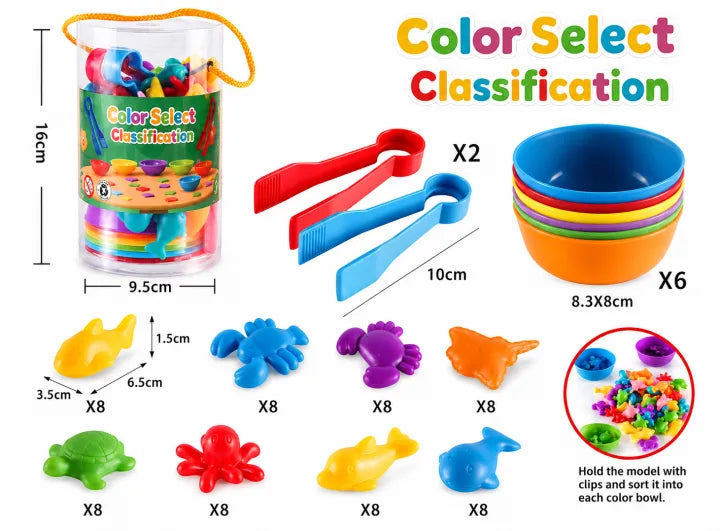 Color Select Classification Ocean Animals Sorting Toy Set with Tongs & Bowls