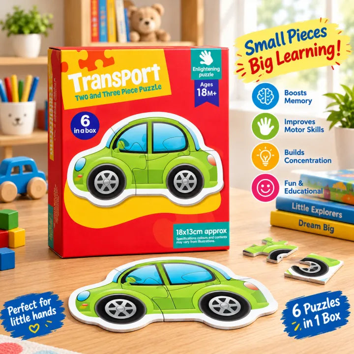 Kids Transport Two and Three Piece Puzzle Set – Educational Toddler Jigsaw Toys