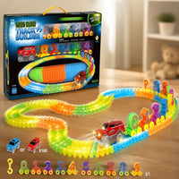 Neon Glow Track Builder 182-Piece Flexible Race Track Set with Light-Up SUV & Number Train Carts