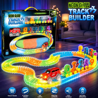 Neon Glow Track Builder 182-Piece Flexible Race Track Set with Light-Up SUV & Number Train Carts