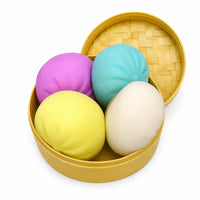 4-Piece Mini Steamed Bun Dumpling Squishy Set with Steamer Basket