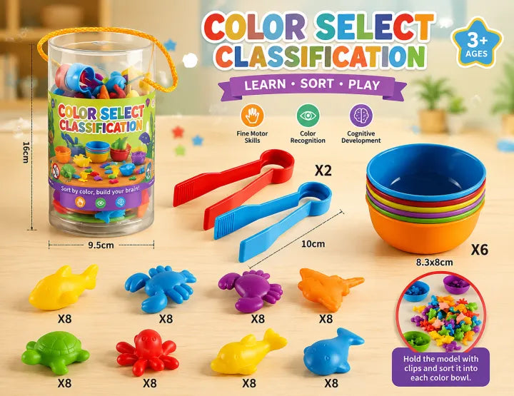 Color Select Classification Ocean Animals Sorting Toy Set with Tongs & Bowls