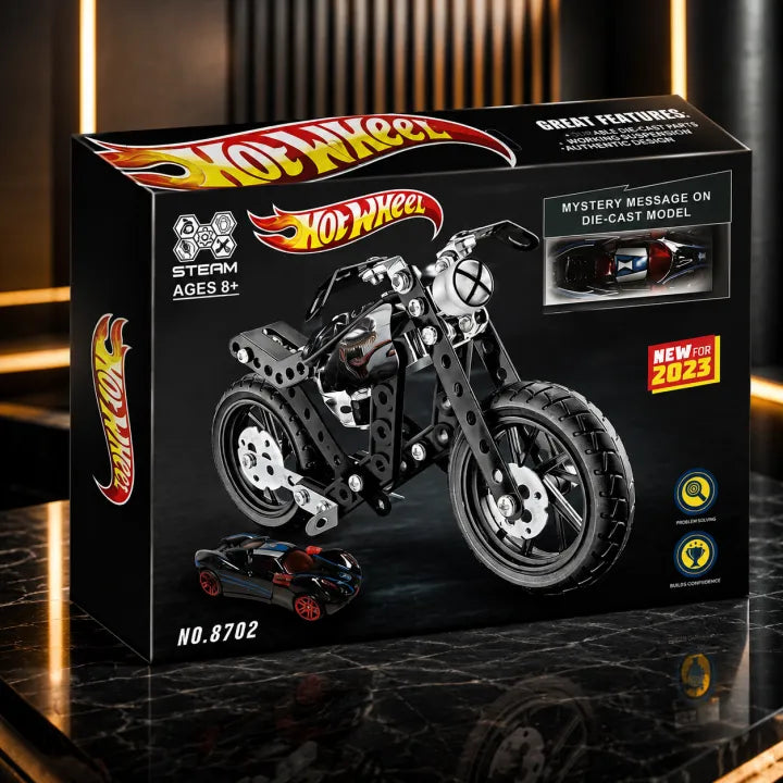 Hot Wheels Venom DIY Metal Assembly Motorcycle STEAM Building Kit (Item No. 8702) with Bonus Die-Cast Car