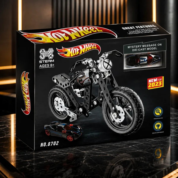 Hot Wheels Venom DIY Metal Assembly Motorcycle STEAM Building Kit (Item No. 8702) with Bonus Die-Cast Car