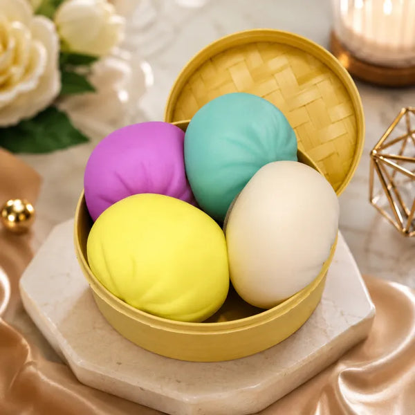 4-Piece Mini Steamed Bun Dumpling Squishy Set with Steamer Basket