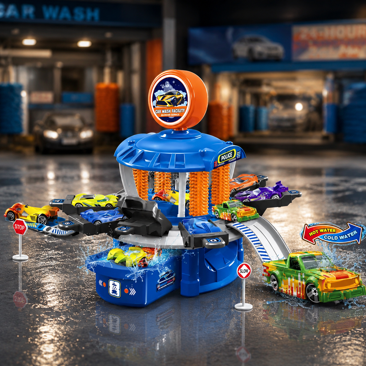 Interactive Car Wash & Service Station Track Set - Multi-Level Parking Garage Toy with Toy Cars, Water Play Features & Action Ramps | Fun Play Set for Kids - Premium Quality by Paradise Toys