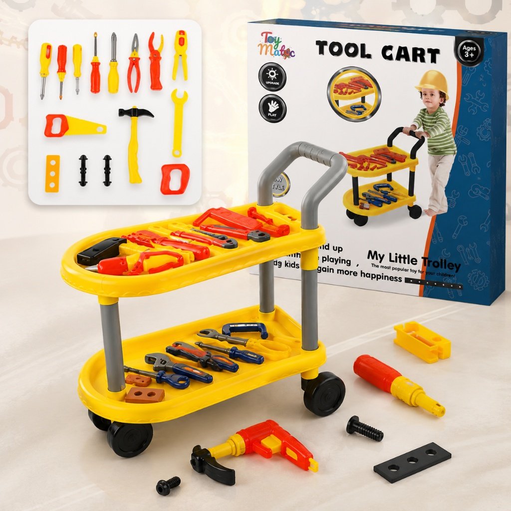 Kids Tool Cart Play Set - Mobile Rolling Workbench with Toy Hammer, Screwdriver & Construction Accessories - Premium Quality by Paradise Toys