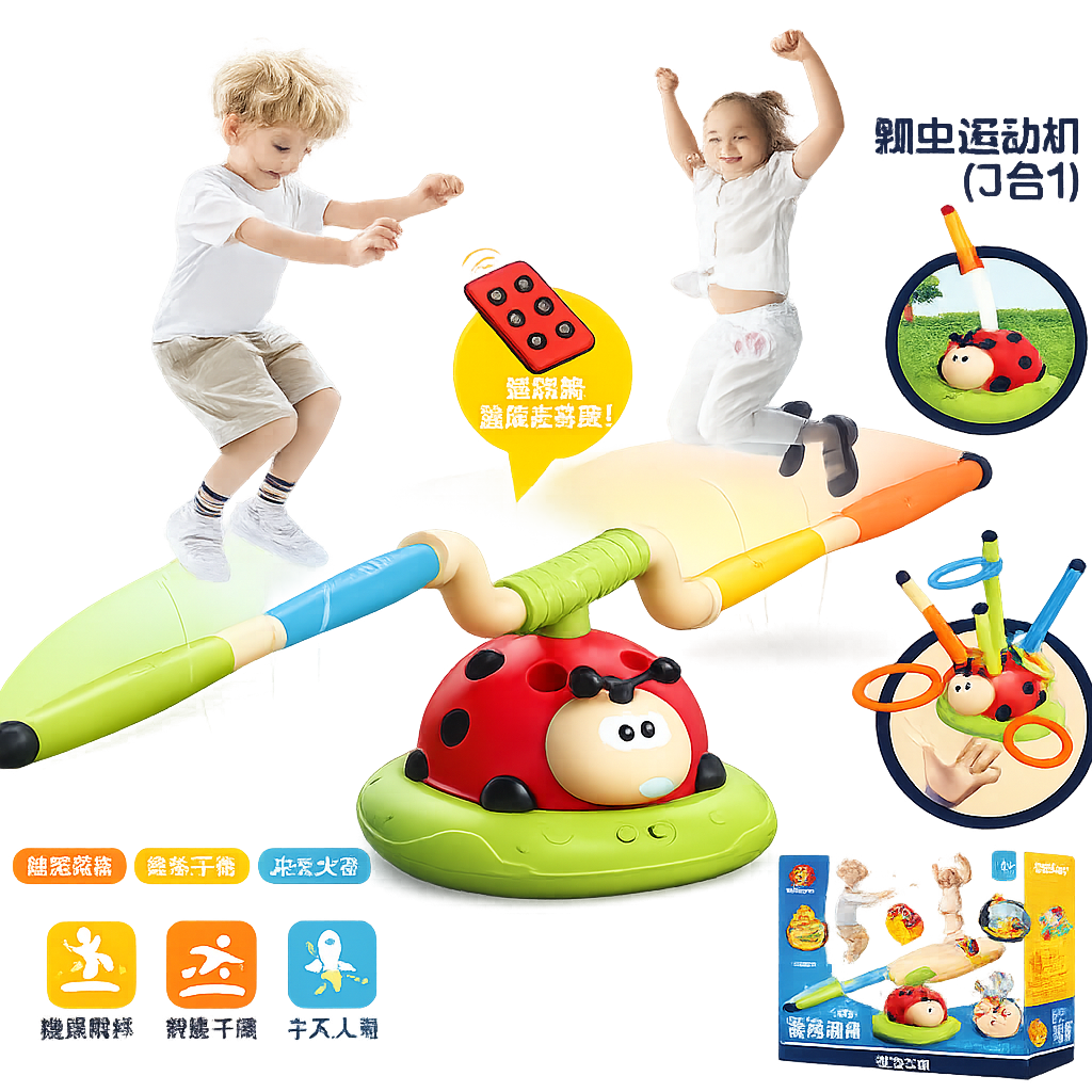 3-in-1 Ladybug Activity & Sports Toy Set - Jumping Rope Trainer, Ring Toss & Rocket Launcher Game for Kids