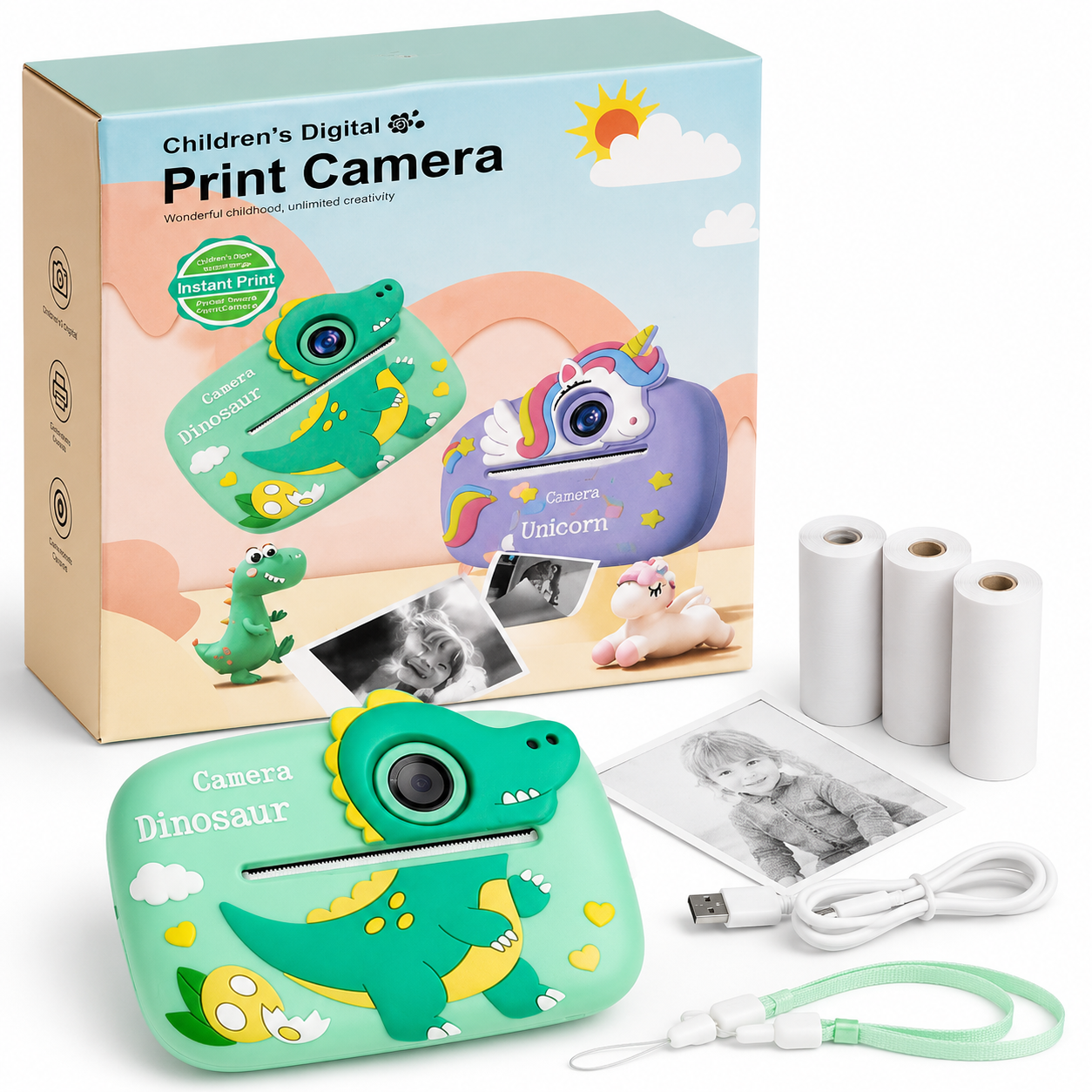 Children's Digital Print Camera - Dinosaur Design Instant Thermal Print Camera for Kids - Premium Quality by Paradise Toys