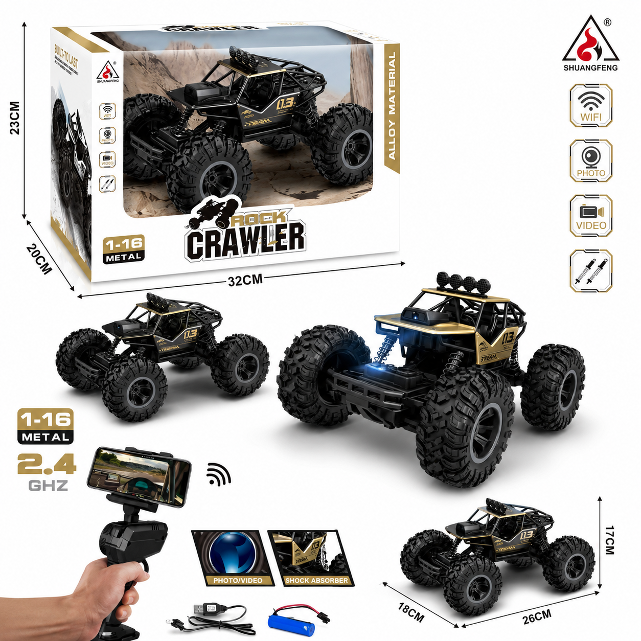 1:16 Scale WiFi FPV Camera Remote Control Rock Crawler - Off-Road RC Monster Truck with Live Video & App Control for Kids
