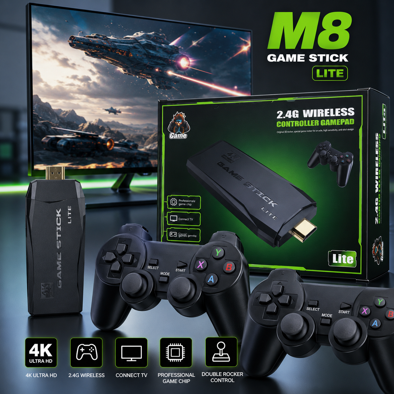 M8 Wireless Game Stick Console - 2.4G Dual Controller Retro Video Game Stick for TV - Premium Quality by Paradise Toys