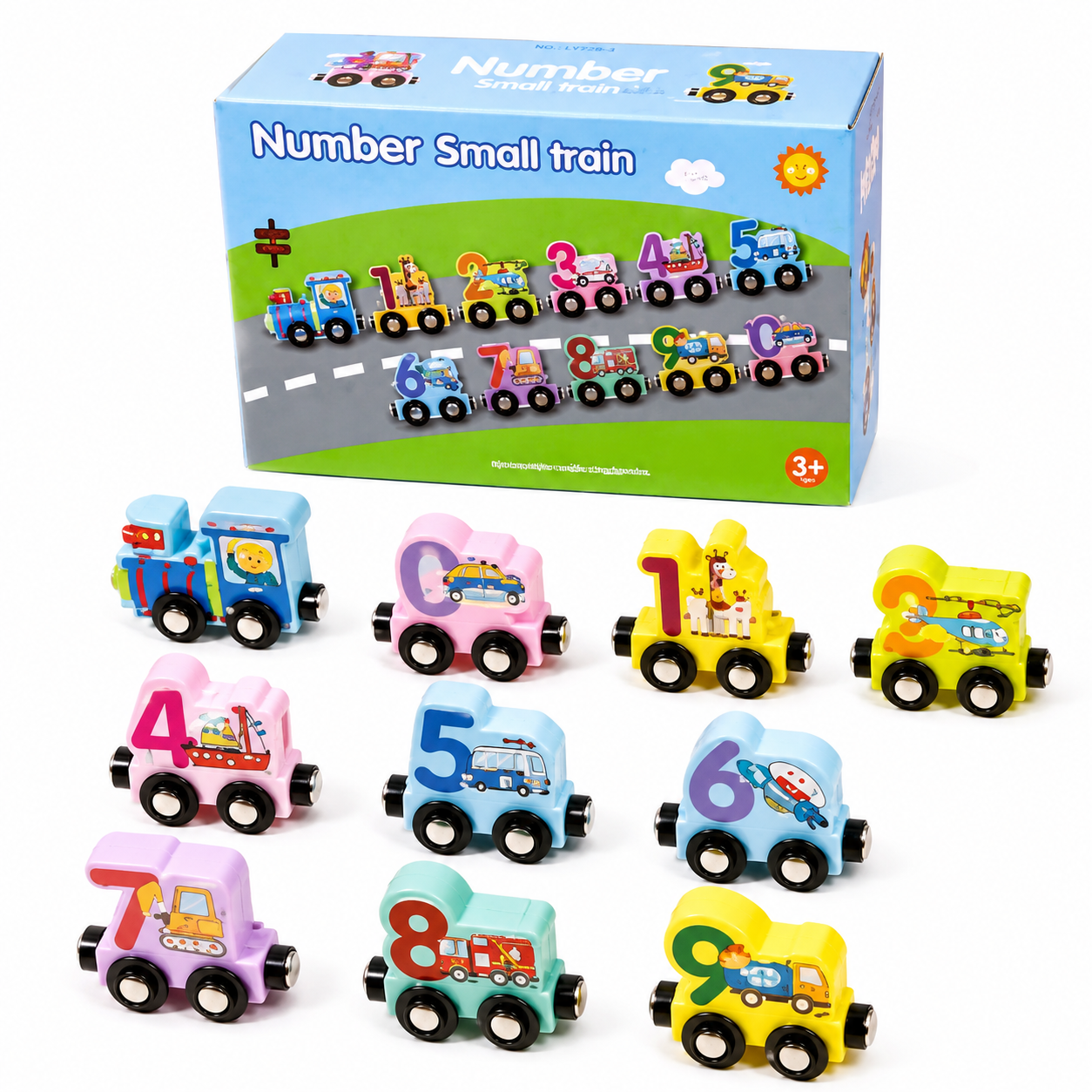 Wooden Number Train Toy Set - Magnetic Educational Learning Train Cars with Numbers & Vehicles for Kids