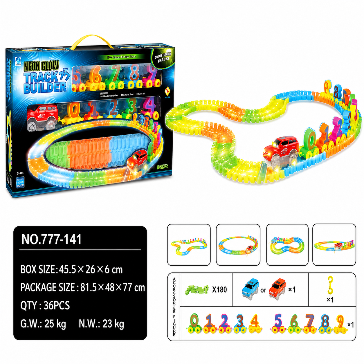 Neon Glow Track Builder - 192 Pcs Flexible LED Racing Track & Number Blocks Set for Kids - Premium Quality by Paradise Toys
