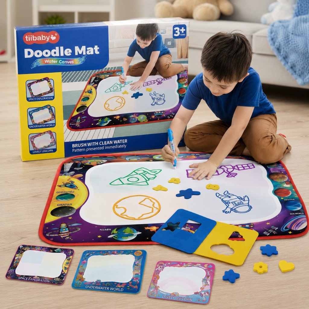 Kids Water Doodle Mat Set - Mess-Free Magic Drawing Canvas with Water Pens & Stencils - Premium Quality by Paradise Toys