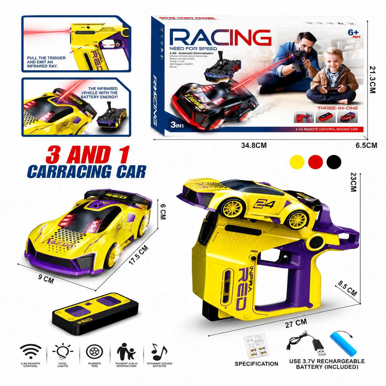 3 in 1 Infrared Racing Car Toy Set - Gesture Sensing & Gun Controller RC Stunt Car for Kids - Premium Quality by Paradise Toys
