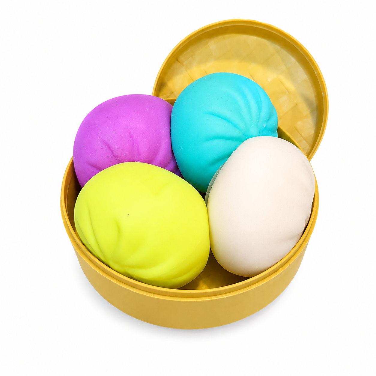 Colorful Dumpling Squishy Fidget Toys Set with Miniature Steamer Basket Container (Ages 3+)