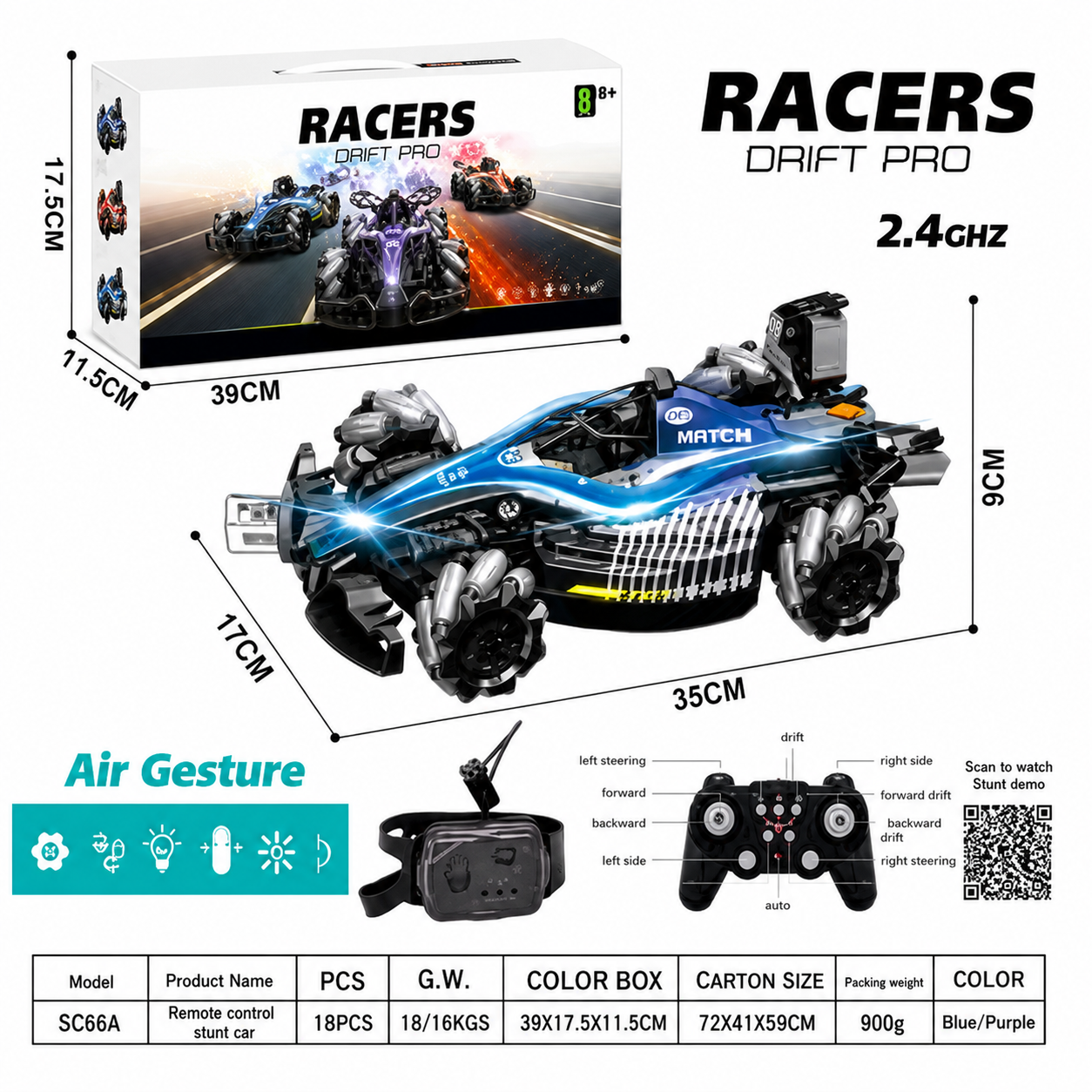 RC Stunt Drift Pro Car - 2.4GHz Gesture Sensing Remote Control Racing Car with Lights & Multi-Directional Wheels