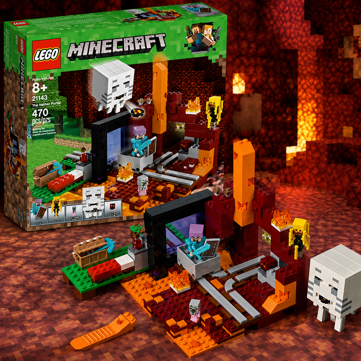 Pixel Building Blocks Nether Portal Adventure Set - Fantasy Brick Construction Toy with Figures & Rail Track - Premium Quality by Paradise Toys