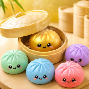 Cute Steamed Bun Squishy Toy in Mini Steamer Basket - Super Soft Slow Rising Squeeze Toy | Kawaii Dumpling Sensory Fidget Toy for Stress & Anxiety Relief - Premium Quality by Paradise Toys