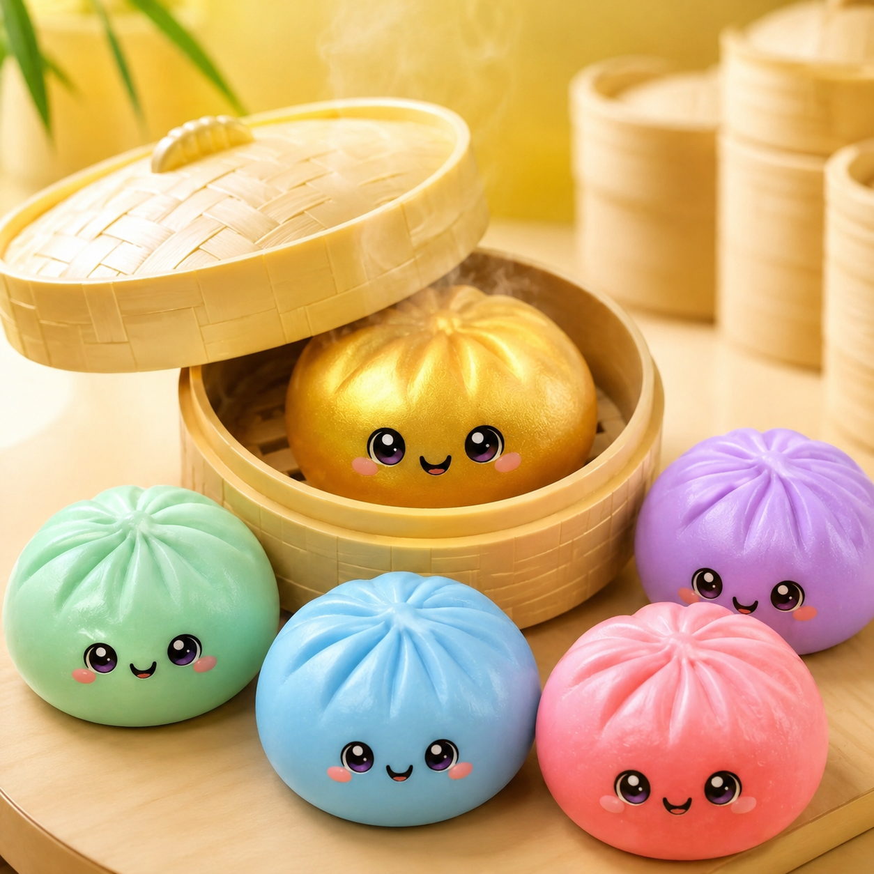 Cute Steamed Bun Squishy Toy in Mini Steamer Basket - Super Soft Slow Rising Squeeze Toy | Kawaii Dumpling Sensory Fidget Toy for Stress & Anxiety Relief - Premium Quality by Paradise Toys