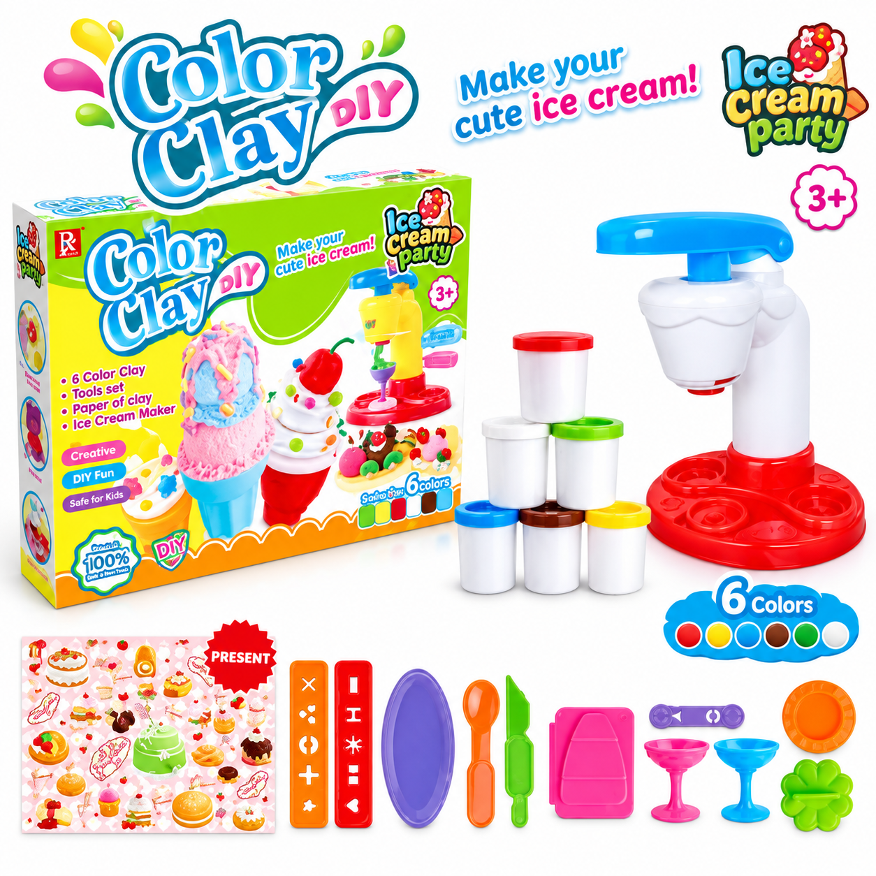 DIY Ice Cream Color Clay Toy Set - Modeling Dough & Kitchen Maker Play Kit with Tools for Kids -