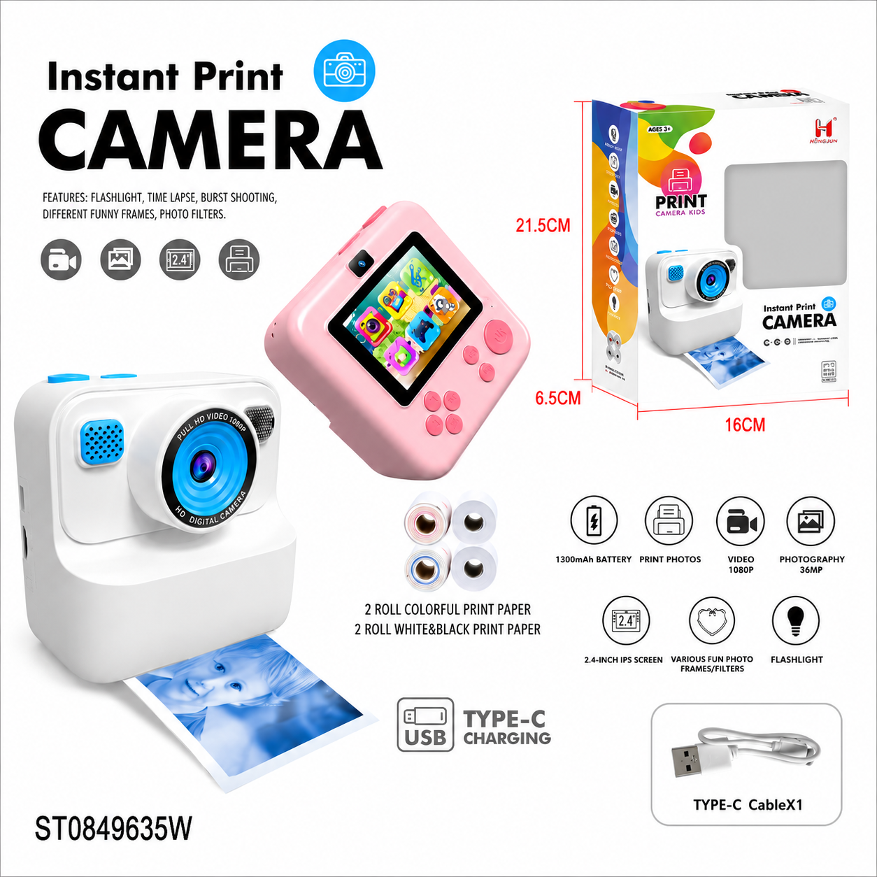 Instant Print Digital Camera for Kids - 1080P Video & 36MP Photo Toy Camera with Print Paper Rolls & 2.4-Inch Screen -