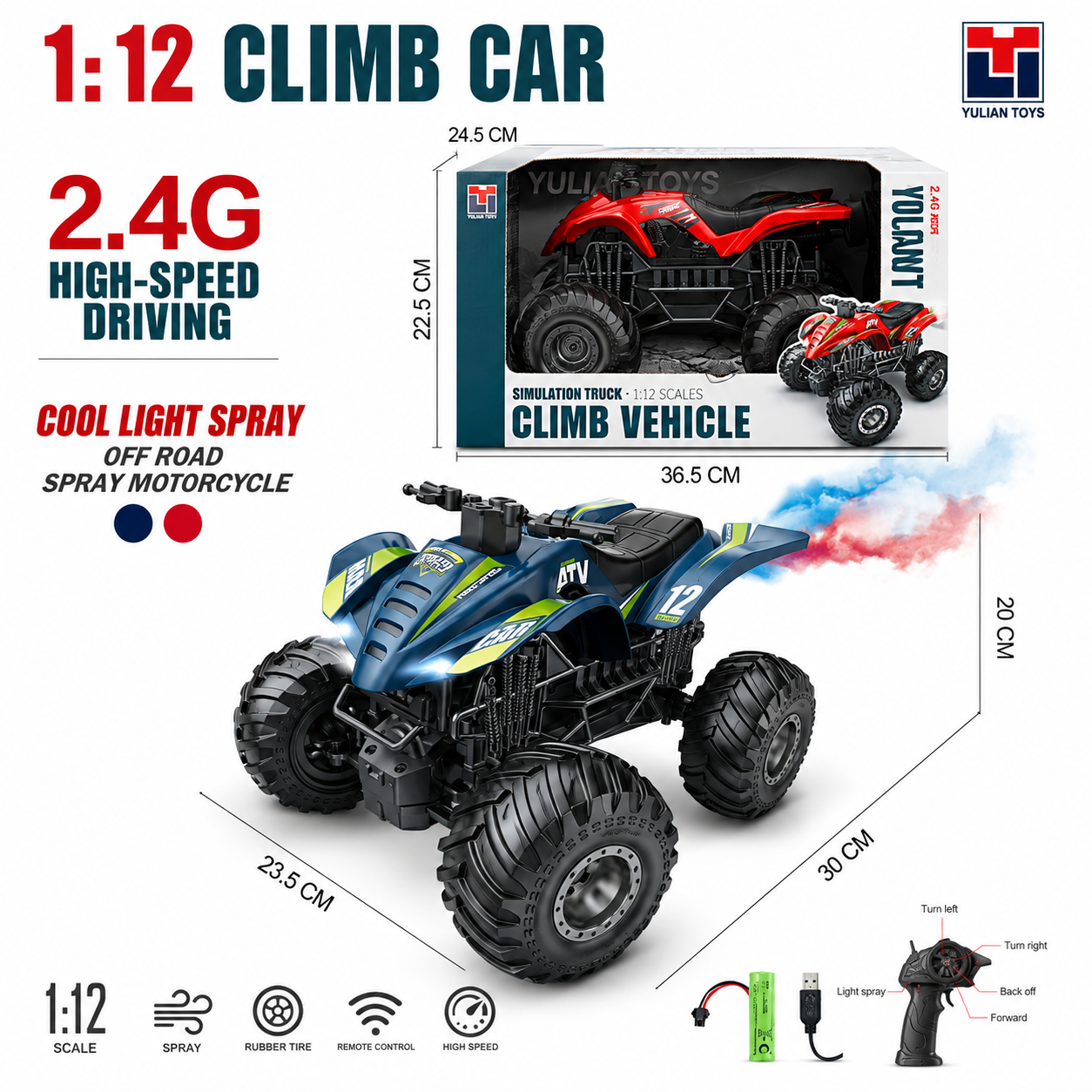 1:12 Scale High-Speed RC Climb Car - Off-Road ATV Quad Bike with Cool Light Spray & 2.4GHz Remote Control for Kids -