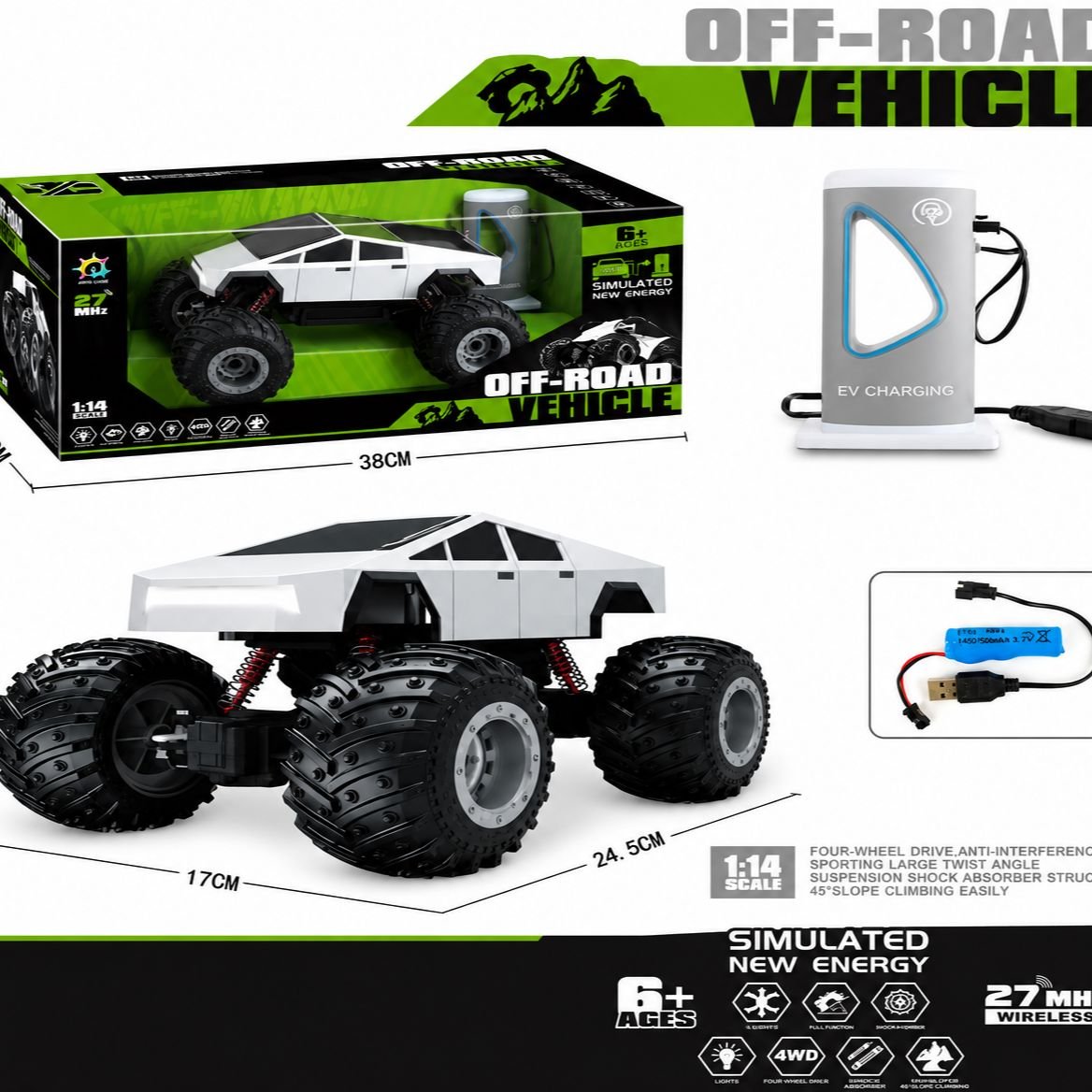 1:14 Scale RC Off-Road Monster Truck - 4WD Remote Control Electric Car with Simulated EV Charging Station - Premium Quality by Paradise Toys