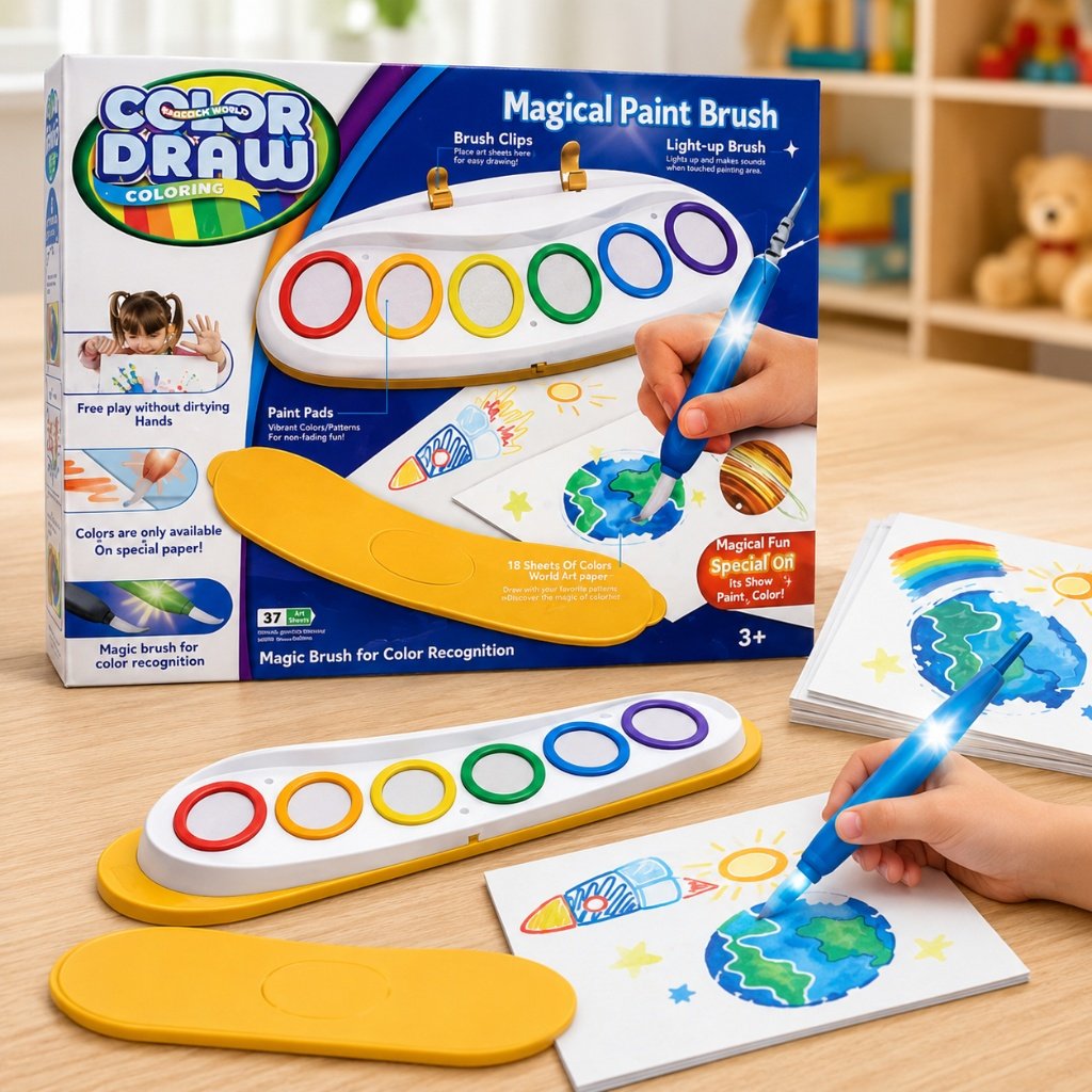 Magical Paint Brush Coloring Set - Mess-Free Light-Up Brush with Special Paper & Color Recognition Pads - Premium Quality by Paradise Toys