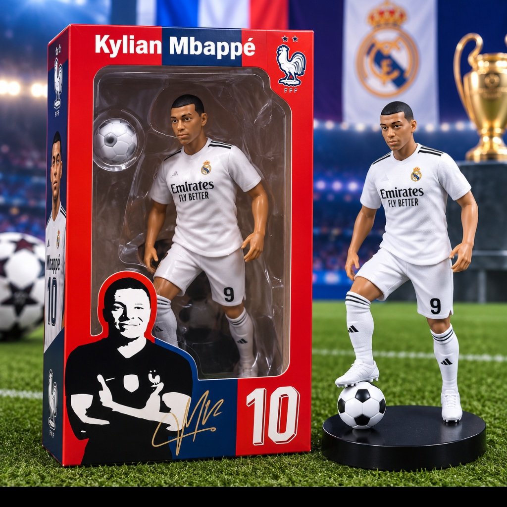 Soccer Star Action Figure Collectible Model - Kylian Mbappe Figurine Toy with Ball & Stand - Premium Quality by Paradise Toys