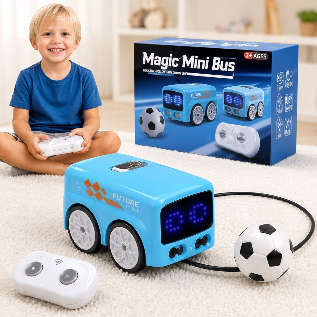 Magic Mini Bus RC Toy - Inductive Line-Following Smart Vehicle with Remote Control & Soccer Ball - Premium Quality by Paradise Toys