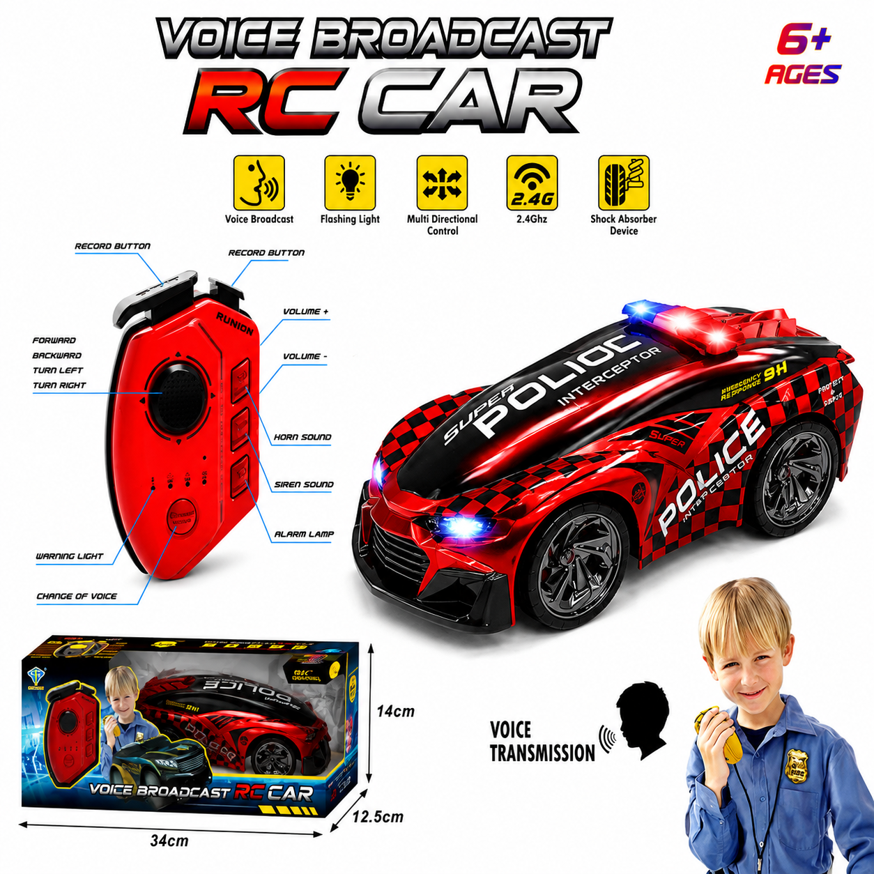 Voice Broadcast RC Police Interceptor Car - 2.4GHz Remote Control Toy with Sound Effects & Lights - Premium Quality by Paradise Toys
