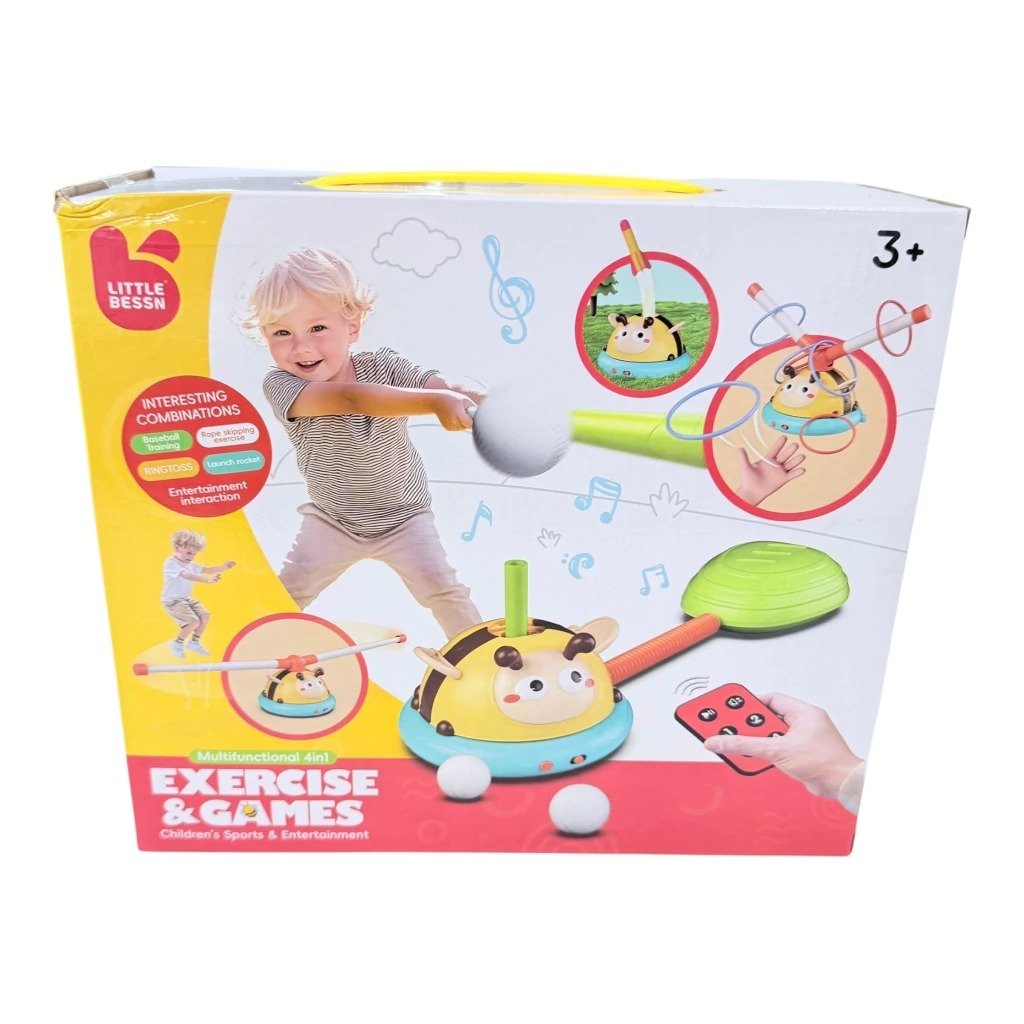 4 in 1 Kids Exercise & Games Set | Interactive Sports Toy with Ball Launcher, Ring Toss, Rocket Launcher & Jump Rope | Remote Control Music & Lights | Educational Indoor Outdoor Toy for Boys & Girls 3+ Years