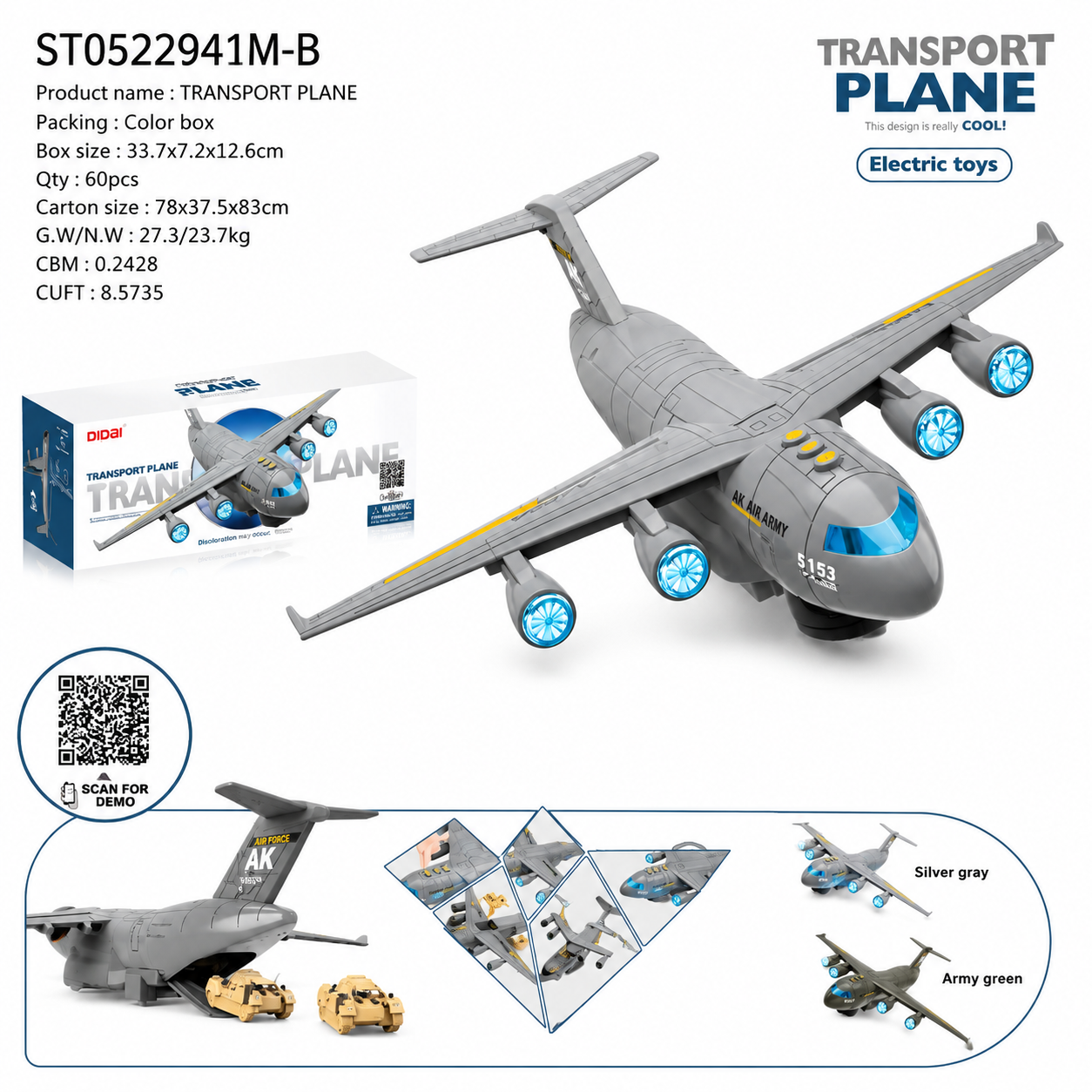 Electric Transport Airplane Toy - Large Cargo Aircraft with Light, Sound & Mini Military Cars for Kids