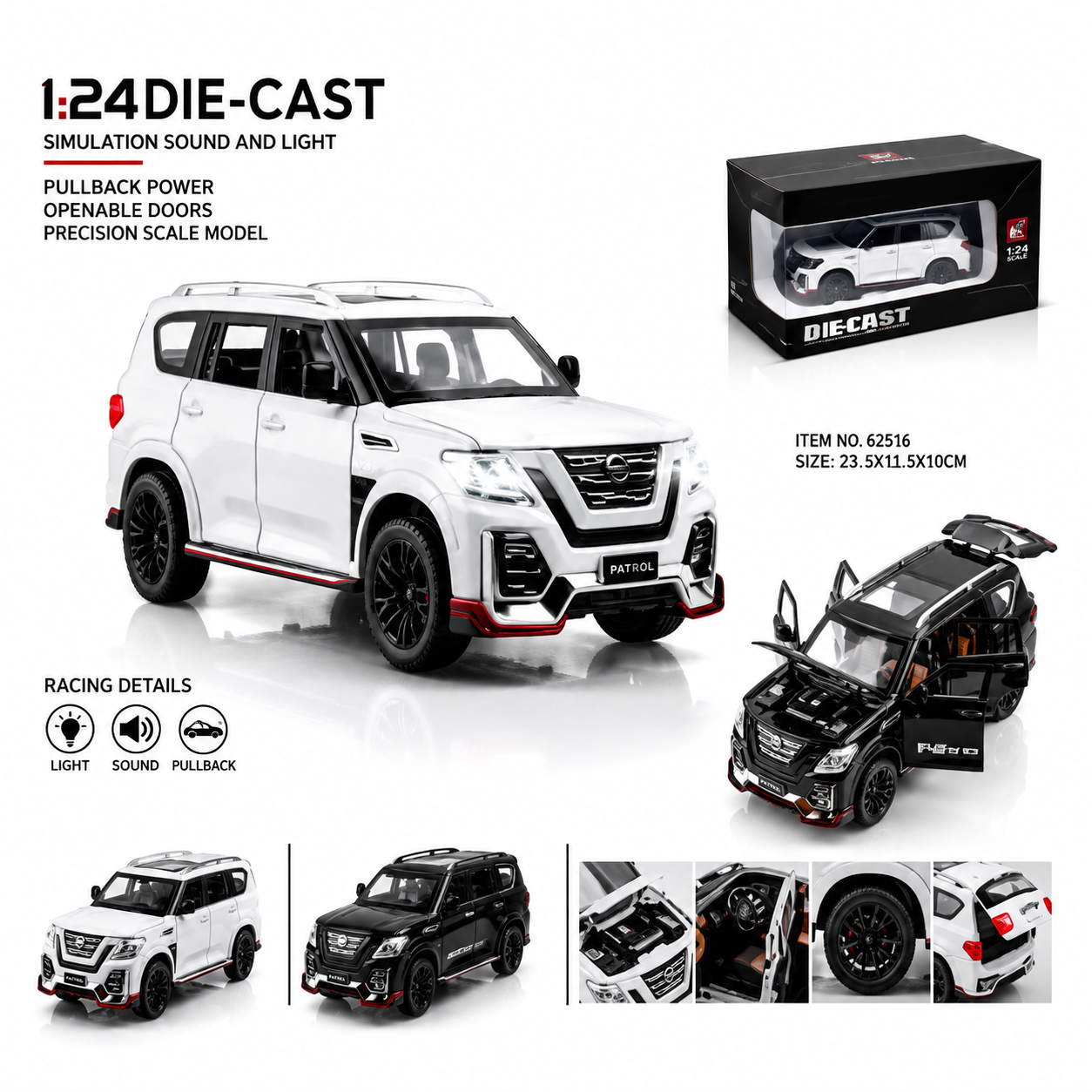 1:24 Scale Die-Cast SUV Toy Car - Simulation Sound & Light Pull-Back Vehicle